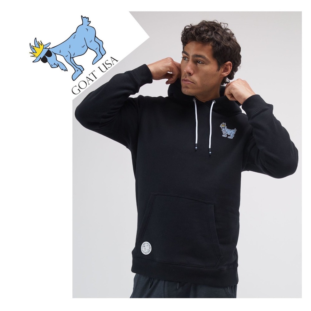 GOAT USA Mens Pullover Hoodie Black Blue Mascot Logo Sweatshirt Large